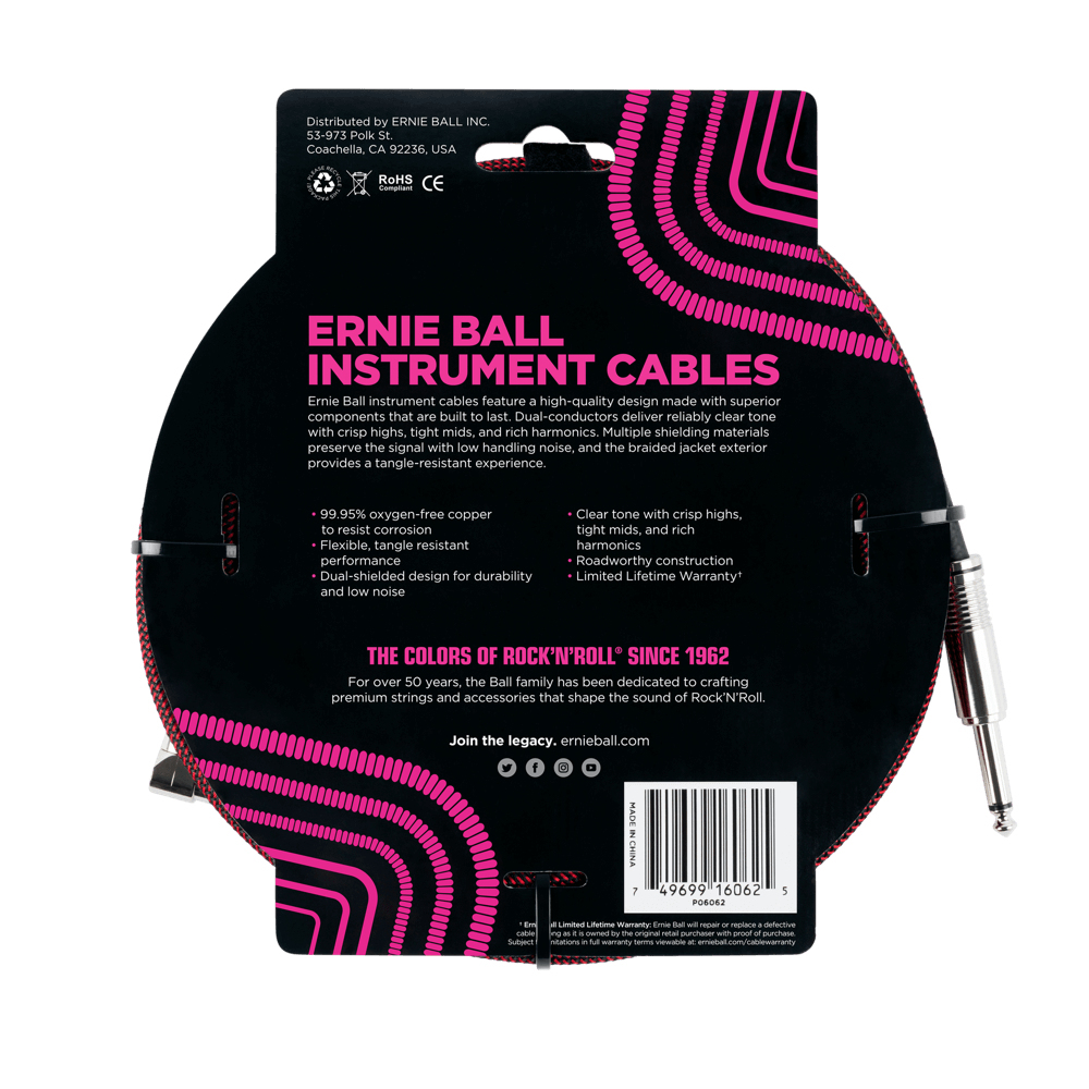 Confezione cavo per strumenti Ernie Ball su sfondo bianco. Design nero e rosa. Cavo visibile.