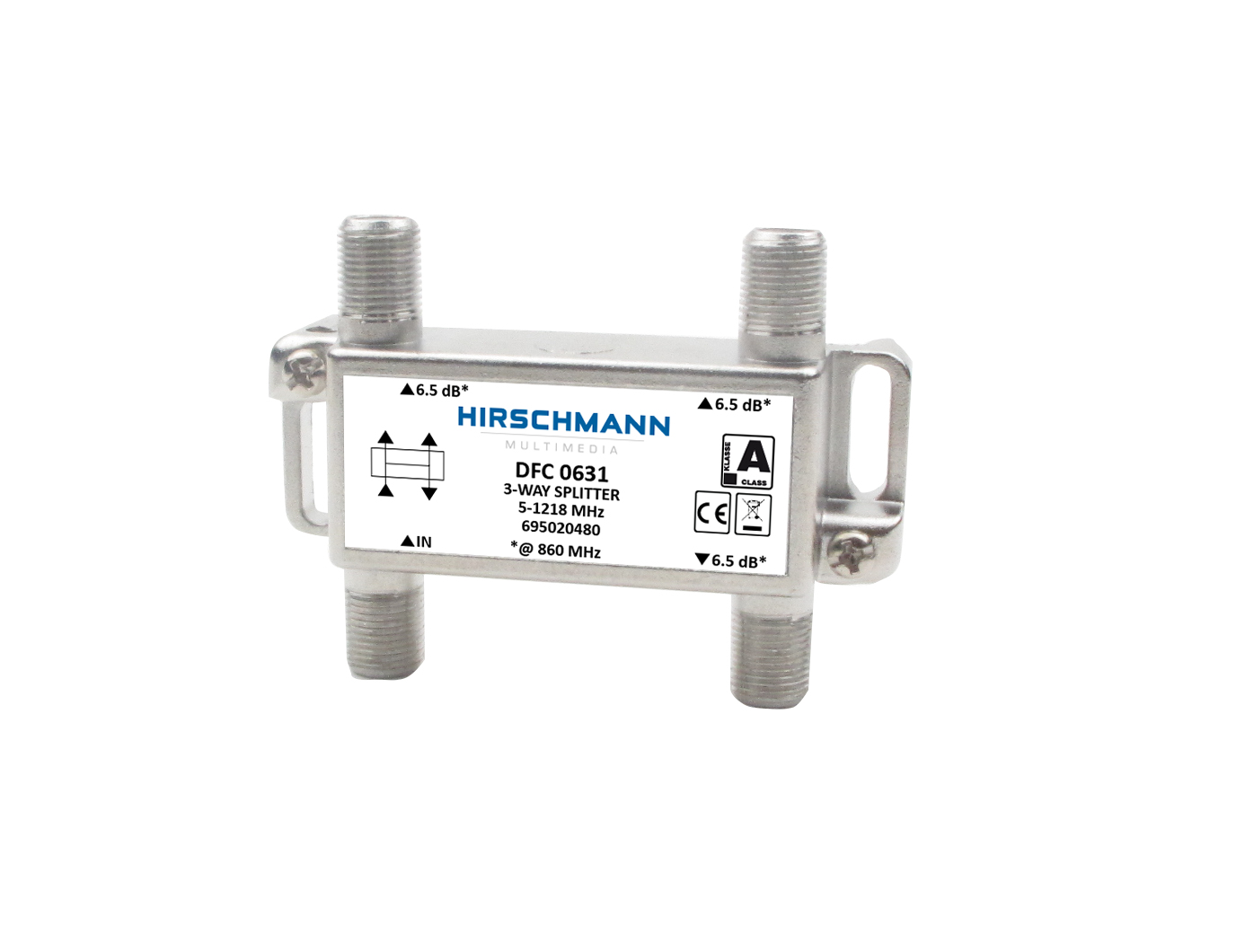 Splitter a 3 vie metallico con logo Hirschmann Multimedia.