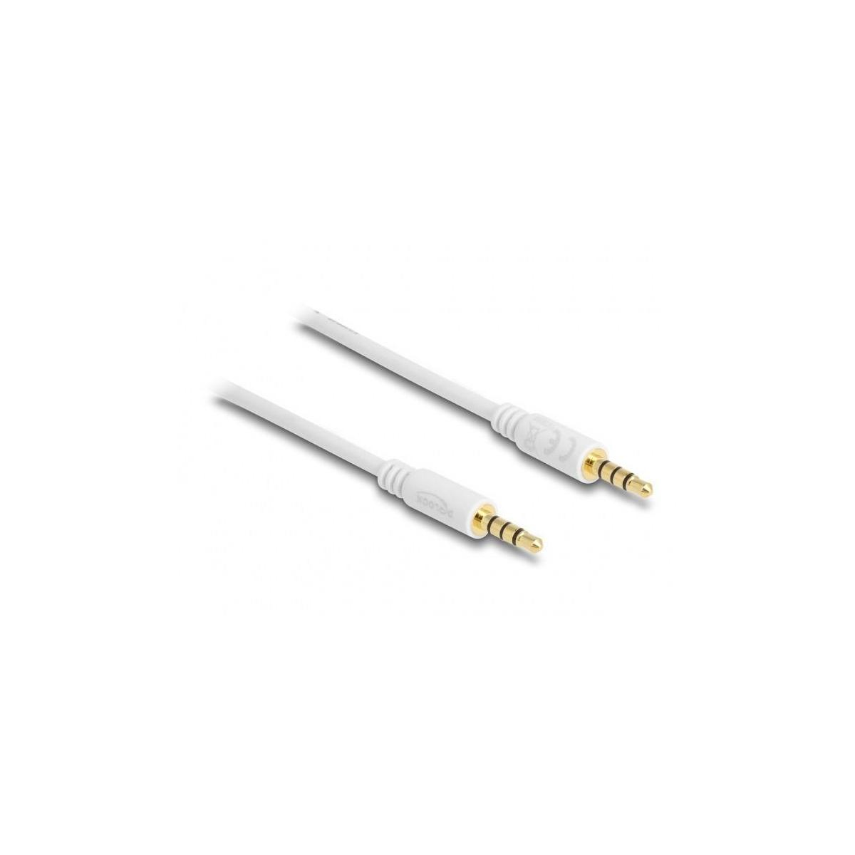 White audio cable with 3.5mm connectors. White background.