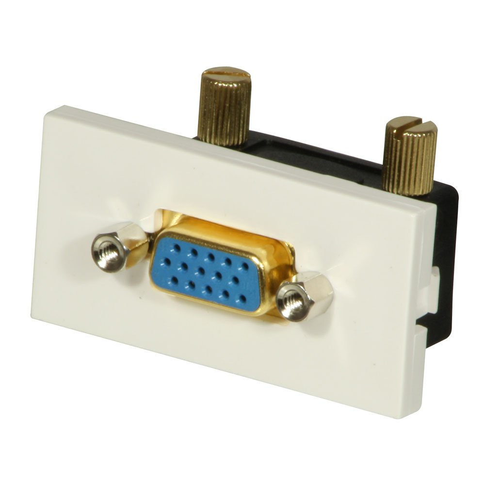 Placca frontale bianca con connettore VGA, montata su una base nera, con viti.