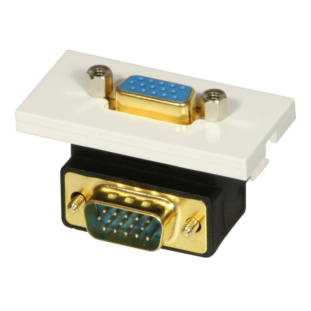 Placca frontale bianca con connettore VGA, montata su una base nera, con viti.