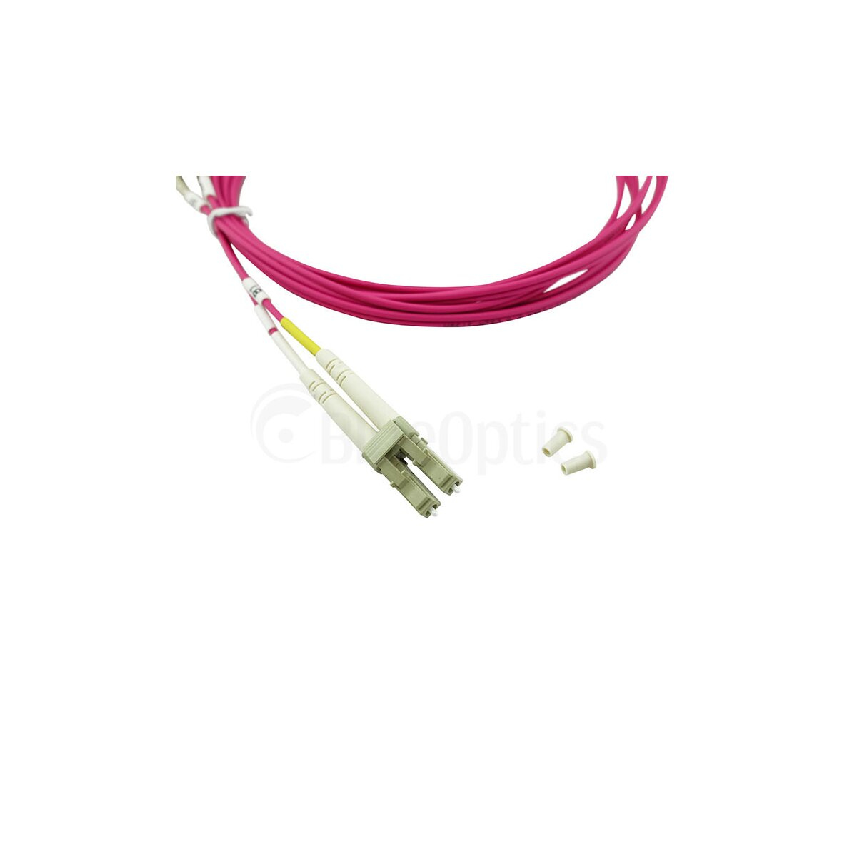 Un cavo magenta con due connettori bianchi e due cappucci su sfondo bianco con un logo.