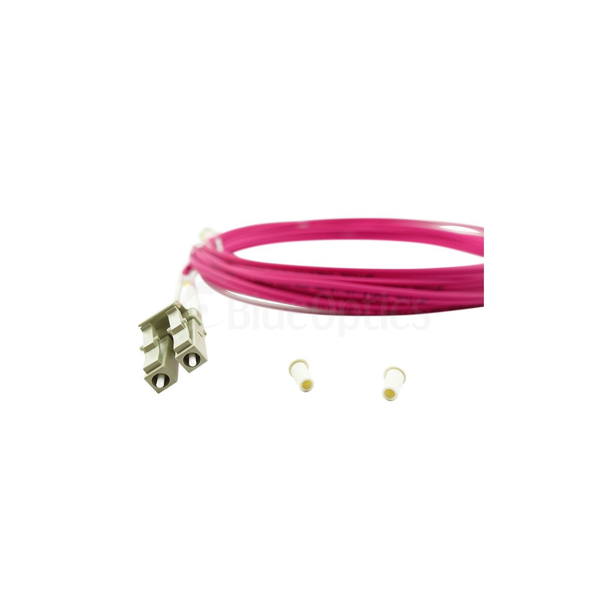 Un cavo magenta con due connettori bianchi e due cappucci su sfondo bianco con un logo.