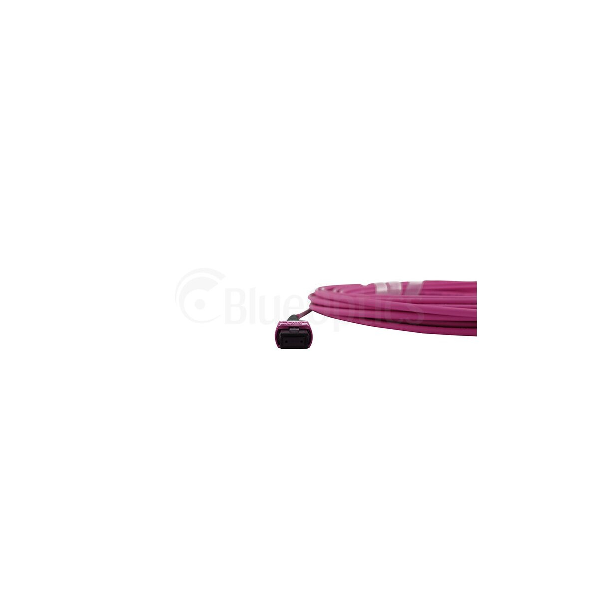 Un cavo magenta con un connettore nero su sfondo bianco con un logo.
