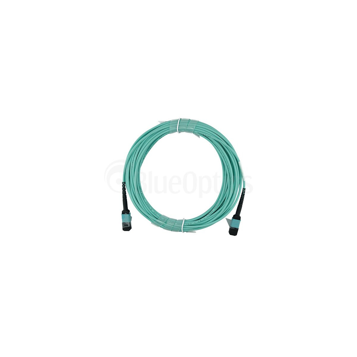 Cavo in fibra ottica verde arrotolato con connettori neri su sfondo bianco.