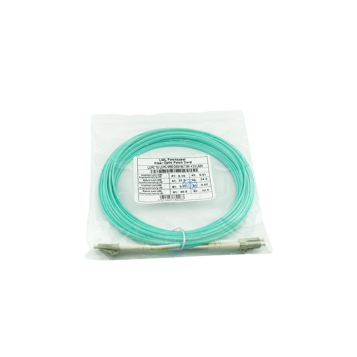 Cavo in fibra ottica in una busta di plastica trasparente, con sfondo bianco. Il cavo è turchese.