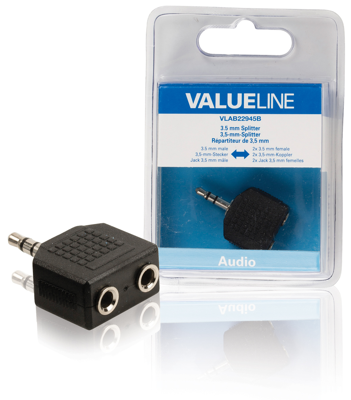 Sdoppiatore audio nero da 3,5 mm con confezione. Ha due jack femmina e un jack maschio.