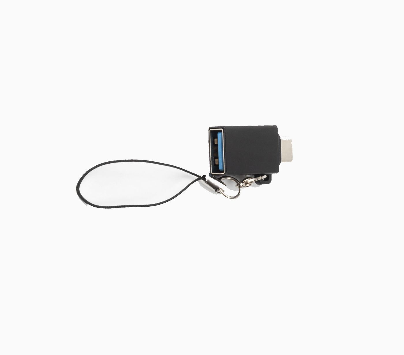 Adattatore USB nero con cordino su sfondo bianco.