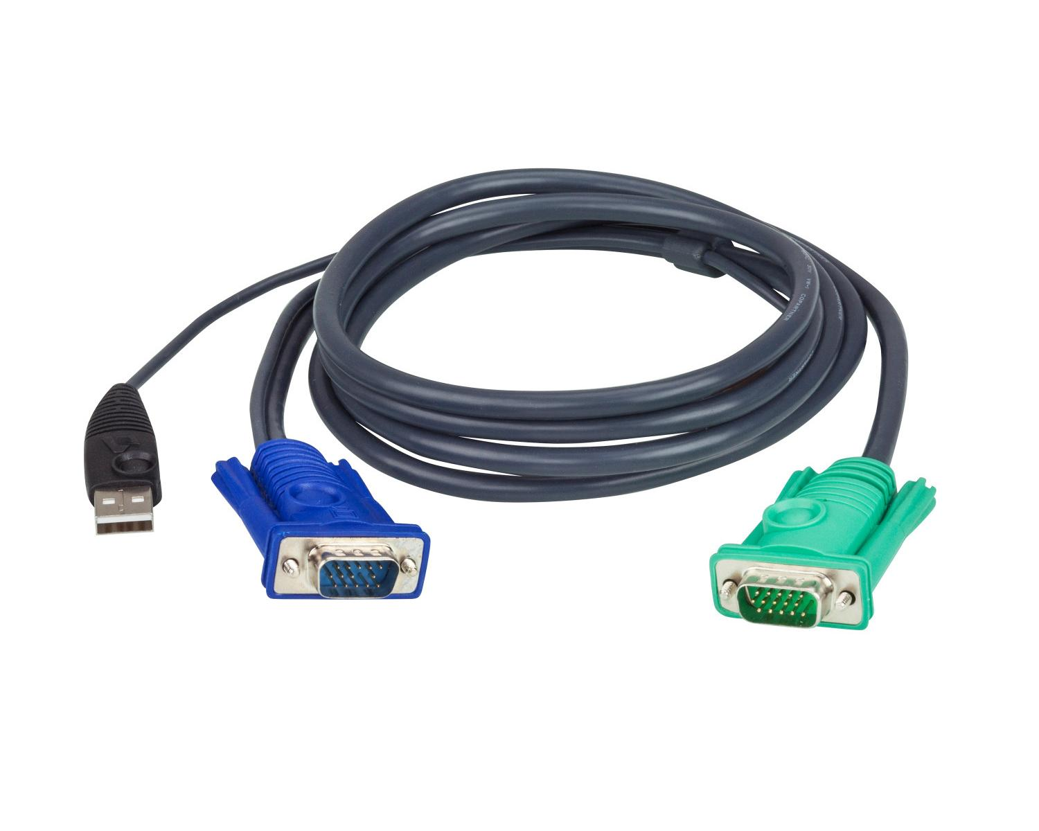 Cavo da USB a VGA con connettori VGA blu e verdi, sfondo bianco.