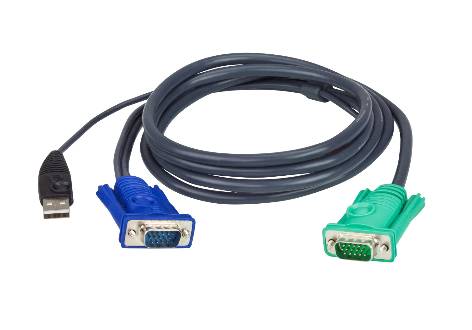 Cavo da USB a VGA con connettori VGA blu e verdi, sfondo bianco.