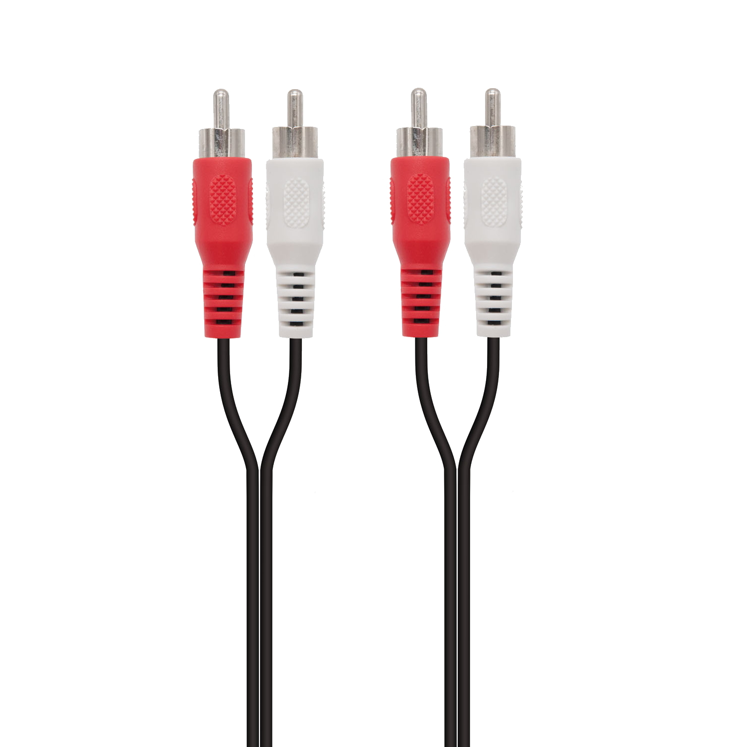 Due coppie di cavi audio RCA rossi e bianchi con fili neri su sfondo bianco.