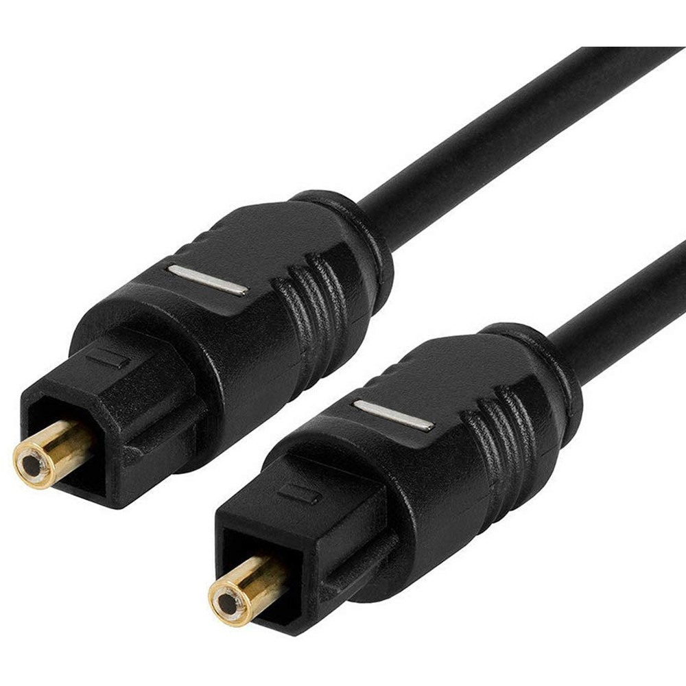 Due cavi audio ottici neri con connettori neri e punte dorate su sfondo bianco.