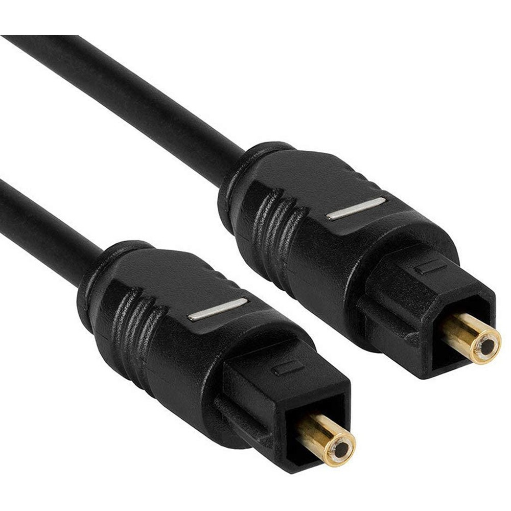Due cavi audio ottici neri con connettori neri e punte dorate su sfondo bianco.