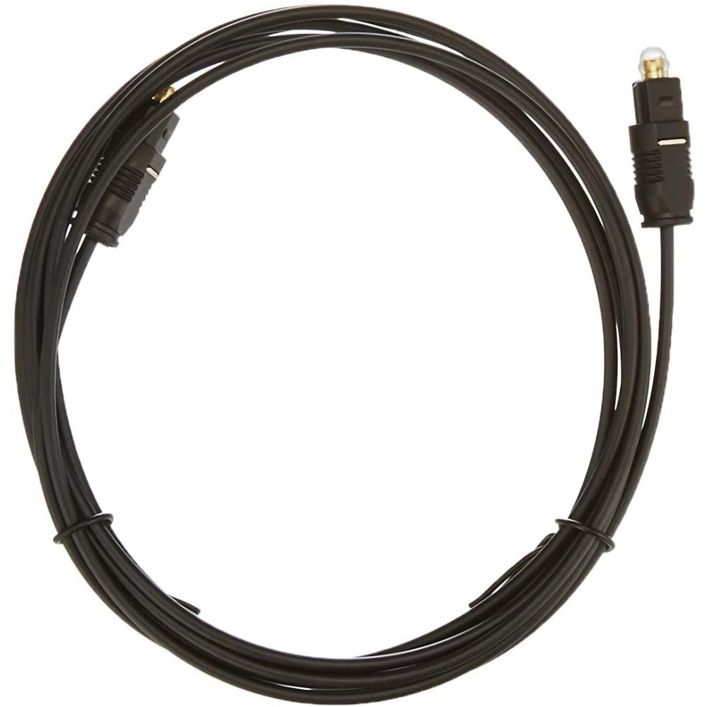 Un cavo audio ottico nero arrotolato su uno sfondo bianco con connettori a ciascuna estremità.