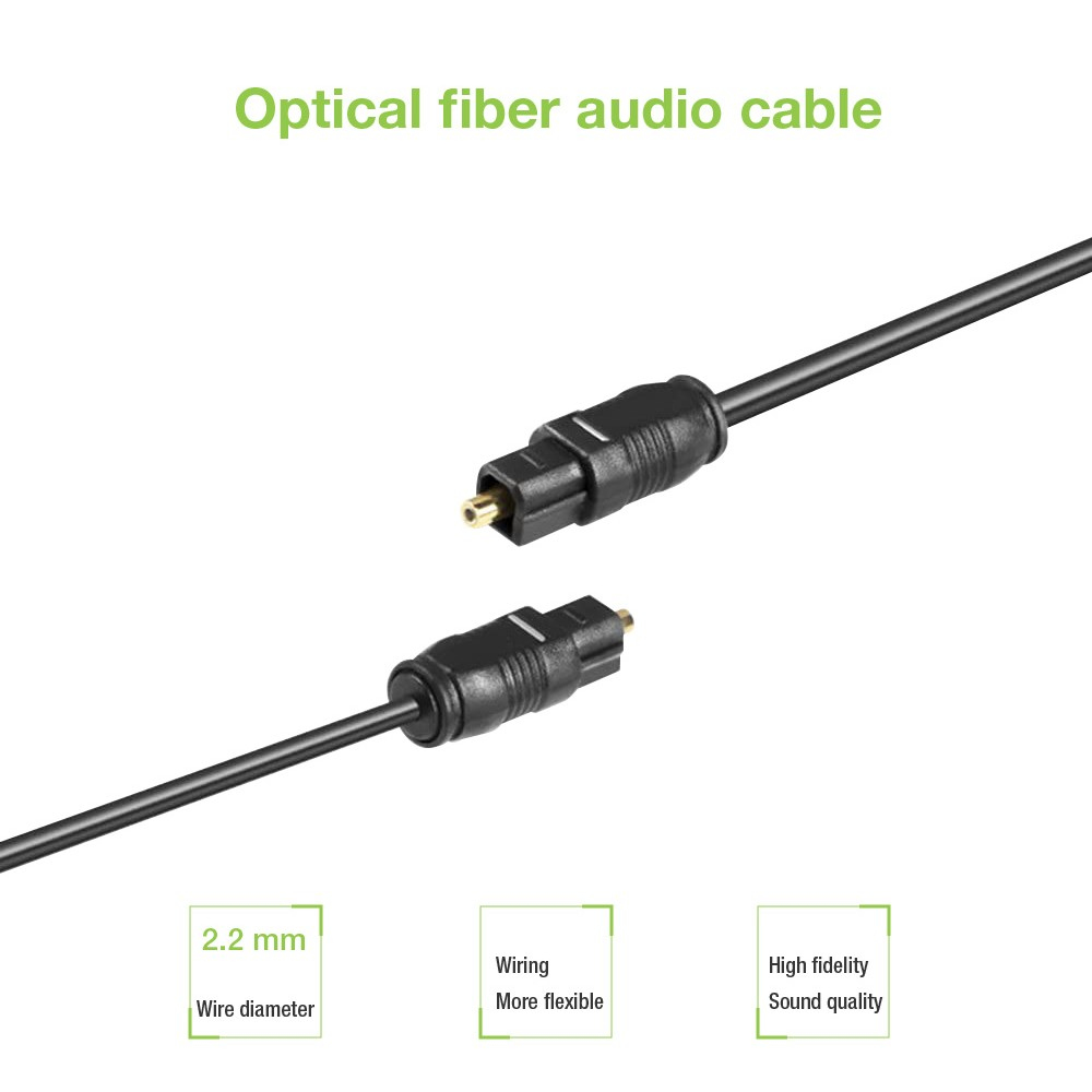 Un cavo audio in fibra ottica con connettori neri e tre etichette: 2,2 mm, Cablaggio e Alta fedeltà.