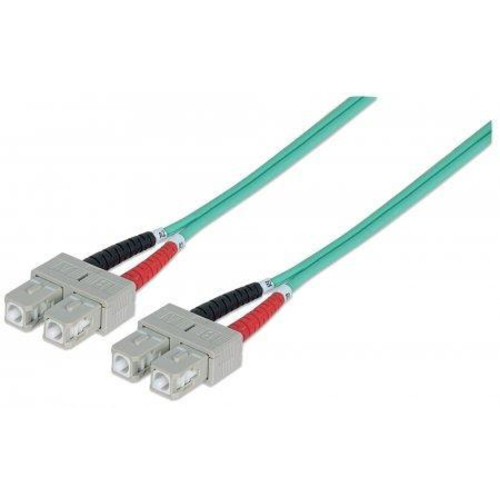 Due cavi in fibra ottica, verdi, con connettori grigi e estremità nere/rosse su sfondo bianco.