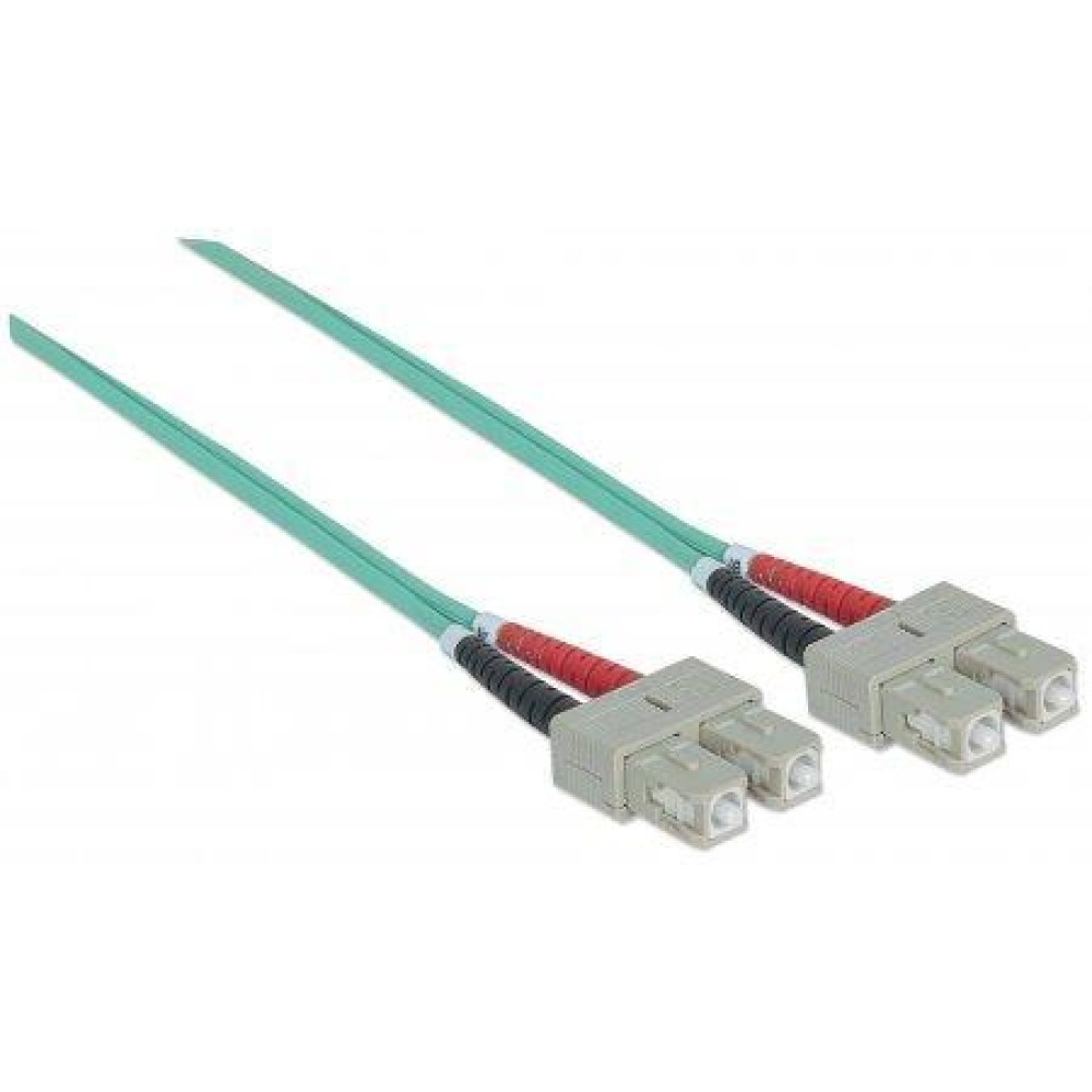 Due cavi in fibra ottica verdi con connettori grigi, estremità rosse e nere, sfondo bianco.