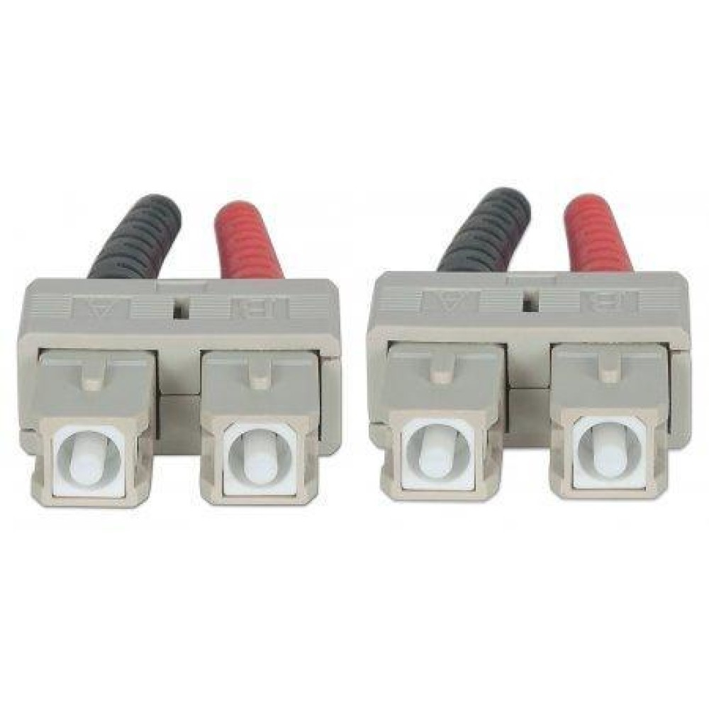 Due connettori in fibra ottica beige con cavi rossi e neri, sfondo bianco.