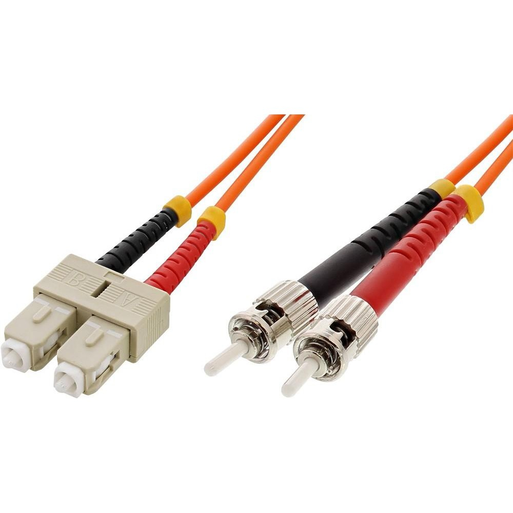 Due cavi in fibra ottica, arancioni, con connettori grigi e argentati e estremità nere/rosse.