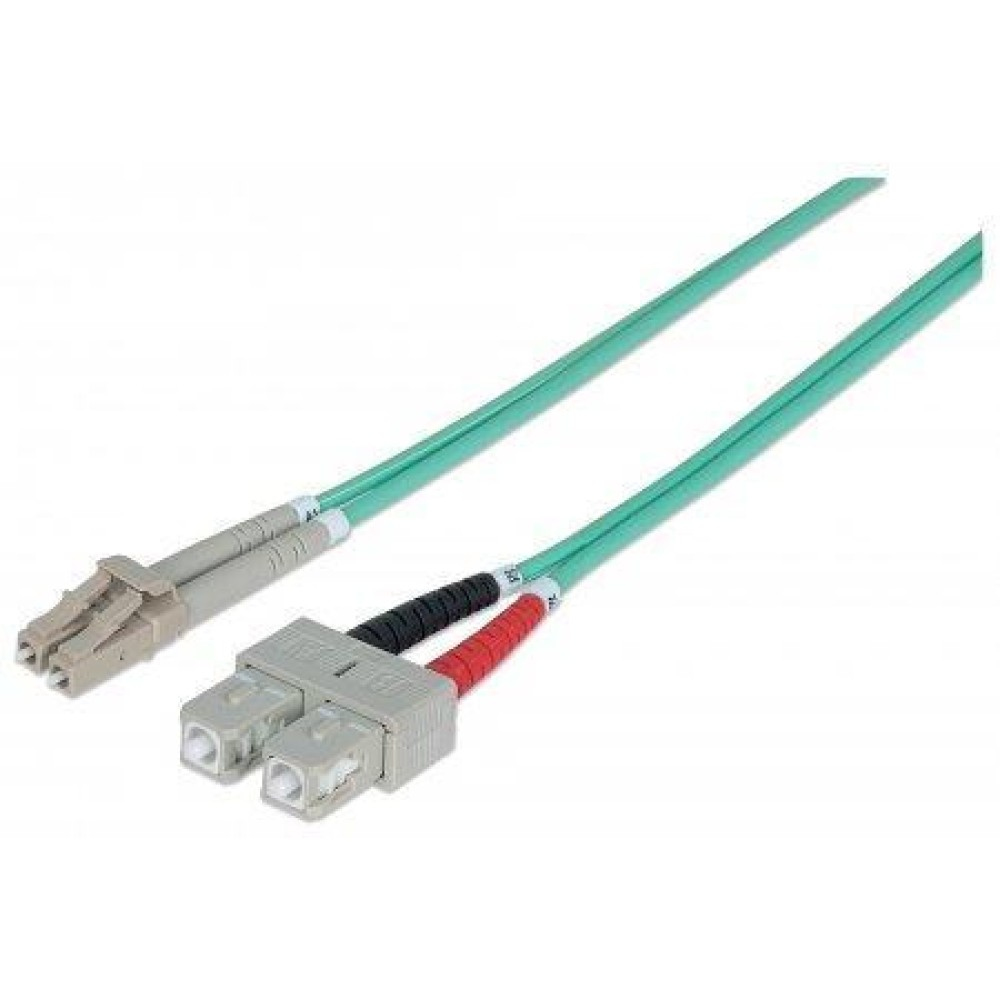 Due cavi in fibra ottica, verdi, con connettori grigi e estremità nere/rosse su sfondo bianco.