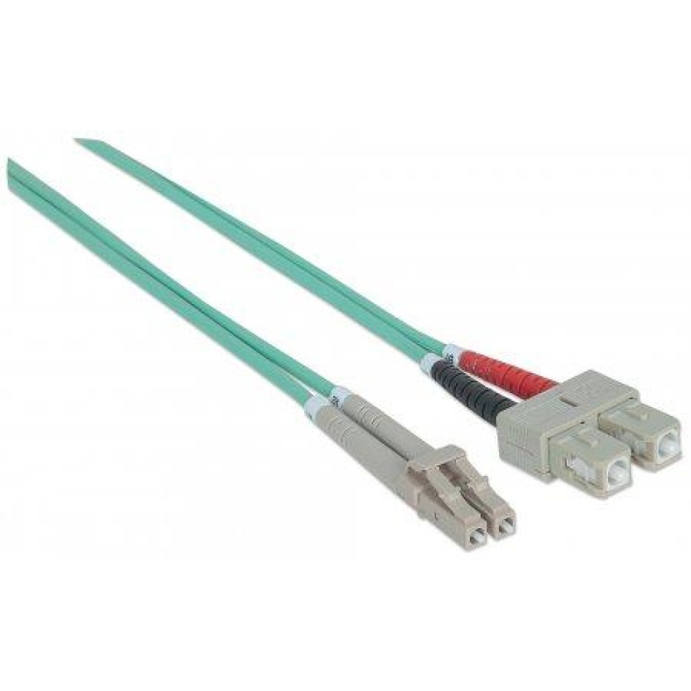 Cavi in fibra ottica verdi con un connettore grigio e connettori rossi e neri, su sfondo bianco.