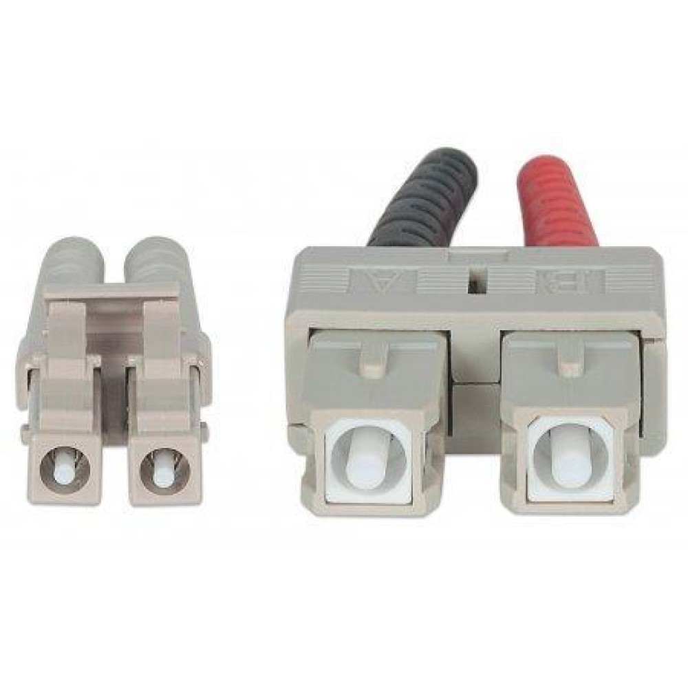 Due connettori in fibra ottica beige, un connettore, sfondo bianco.