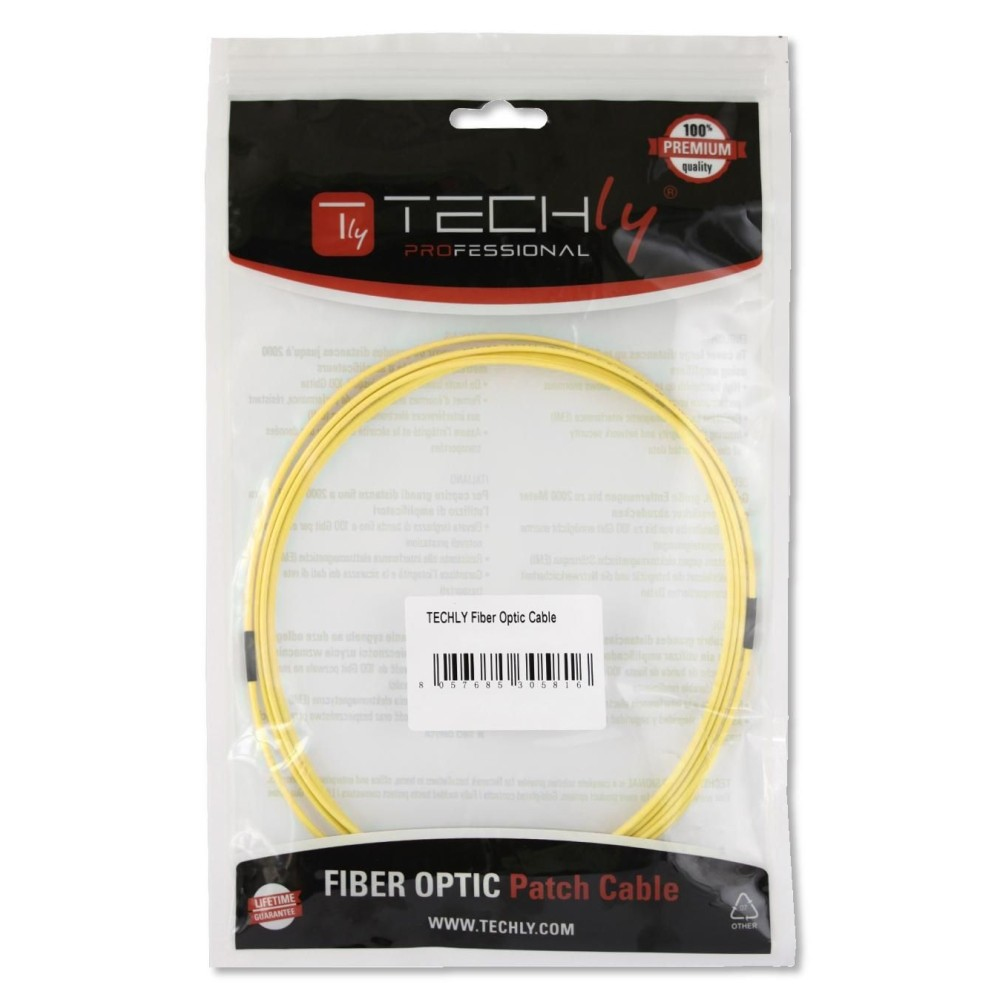 Confezione cavo in fibra ottica TECHLY. Cavo giallo in sacchetto di plastica trasparente con testo.