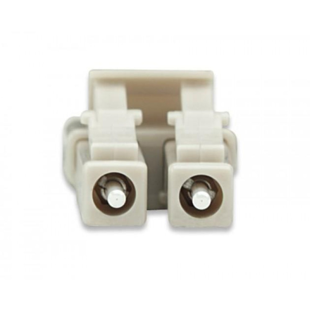 Connettore in fibra ottica grigio con due fori su sfondo bianco. Primo piano.