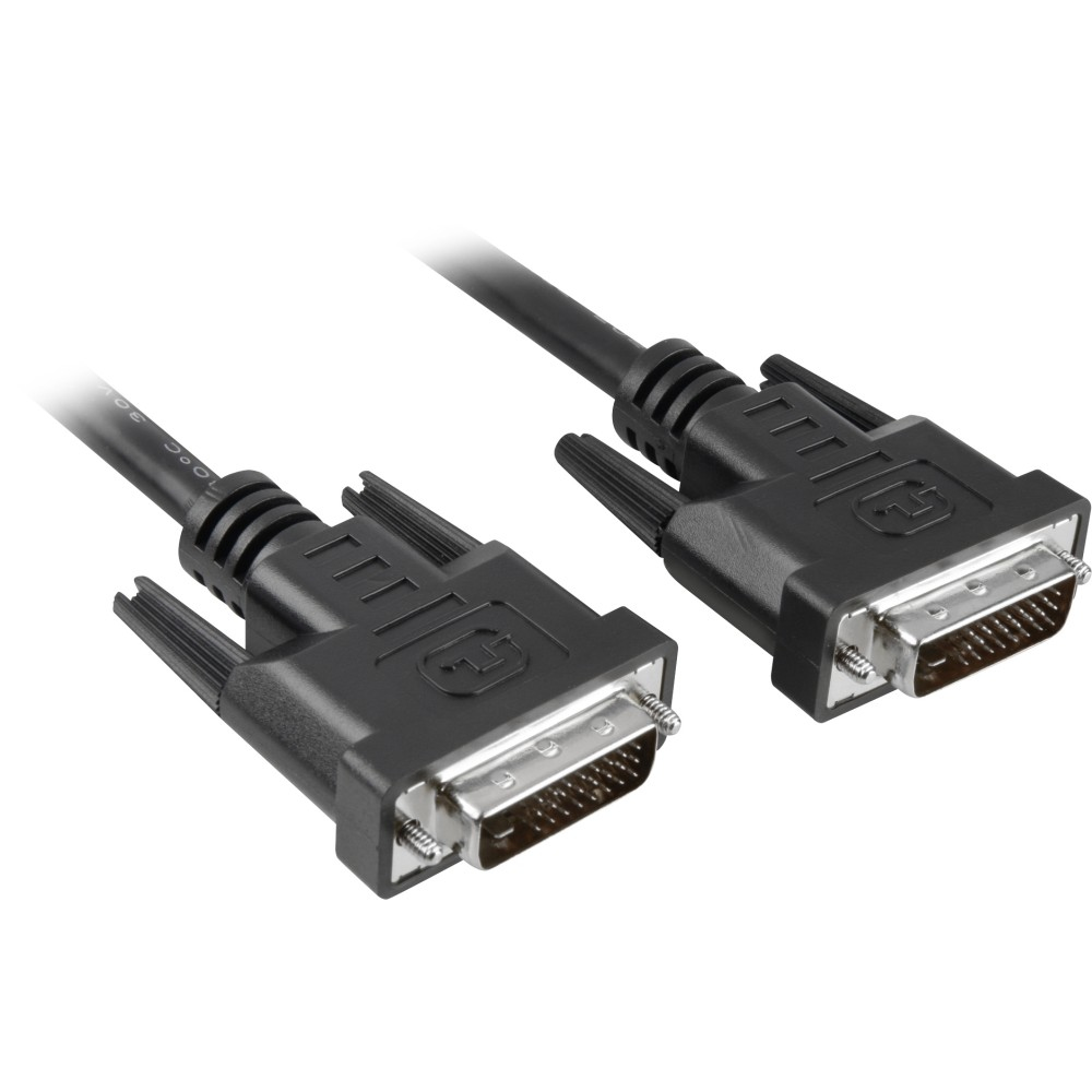 Zwei schwarze DVI-D-Kabel mit silbernen Steckern.