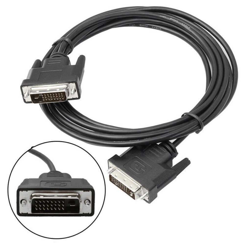 Ein schwarzes DVI-D-Kabel mit Nahaufnahme des Steckers.