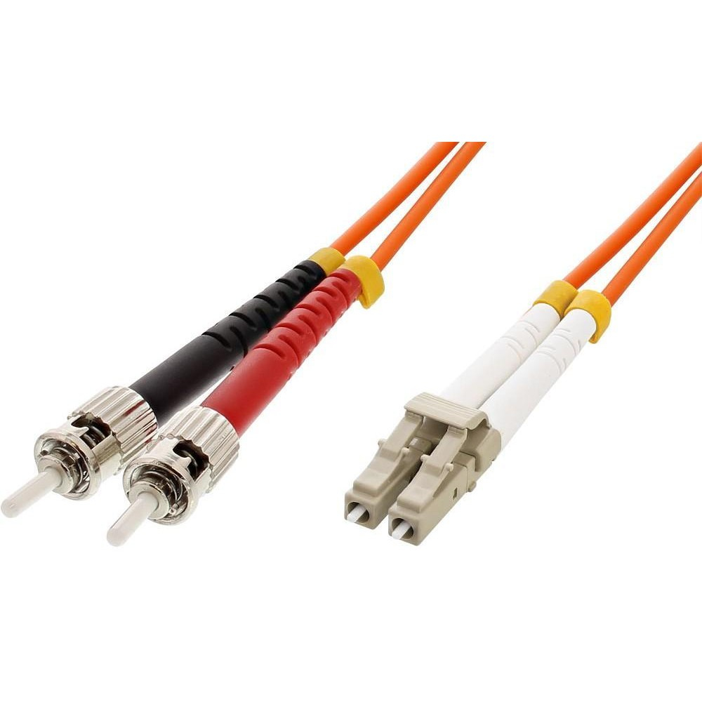 Due cavi in fibra ottica, arancioni, con connettori grigi e argentati e estremità nere/rosse.