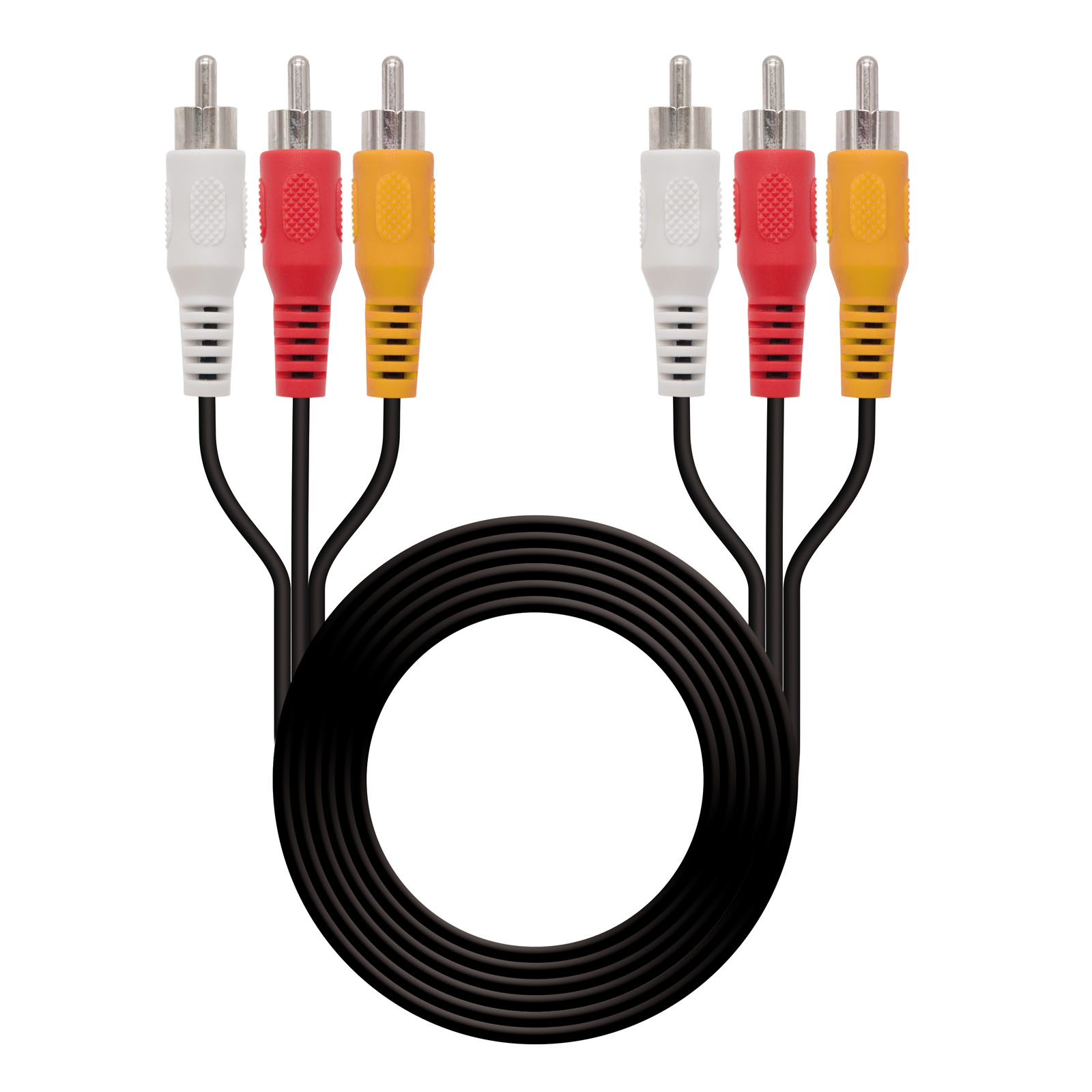 Seis conectores RCA en rojo, blanco y amarillo, con un cable negro sobre un fondo blanco.