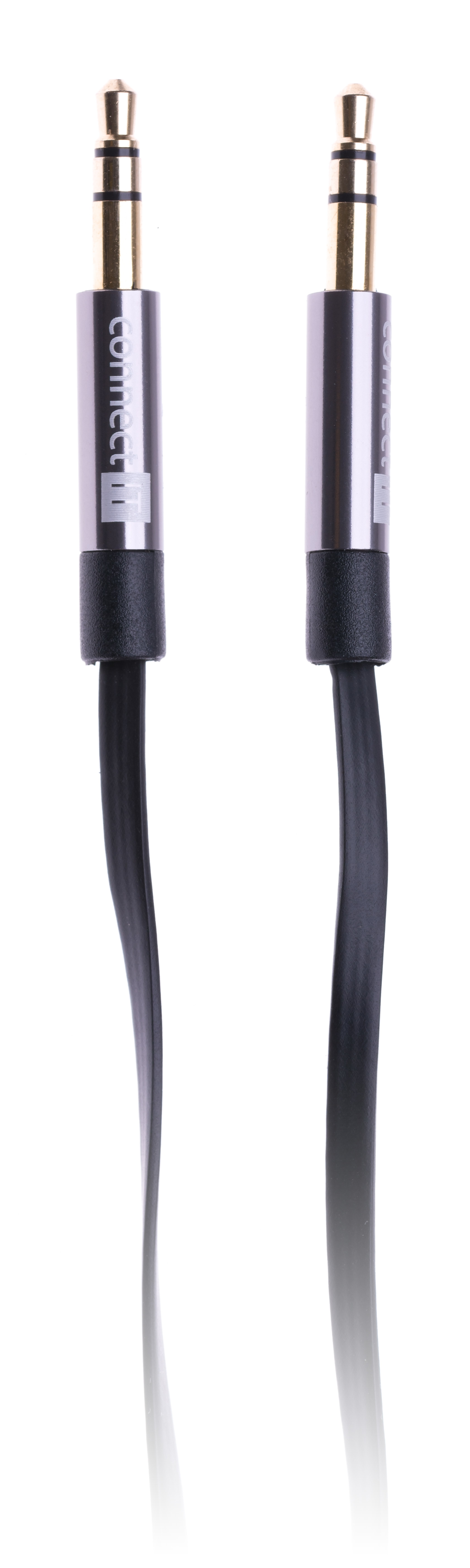Due cavi audio neri, ciascuno con un connettore argentato e un cavo nero.