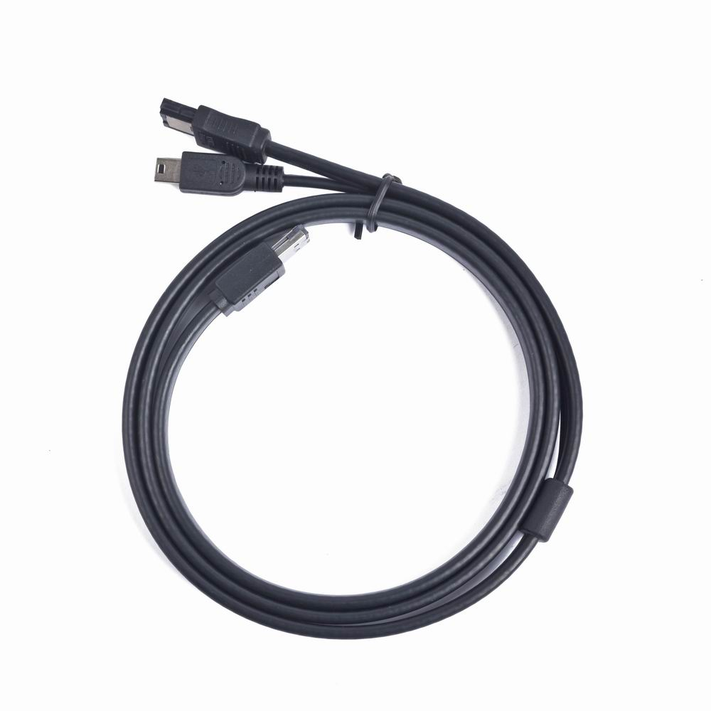 Black USB to mini USB cable, coiled, on a white background. Connectors are visible.