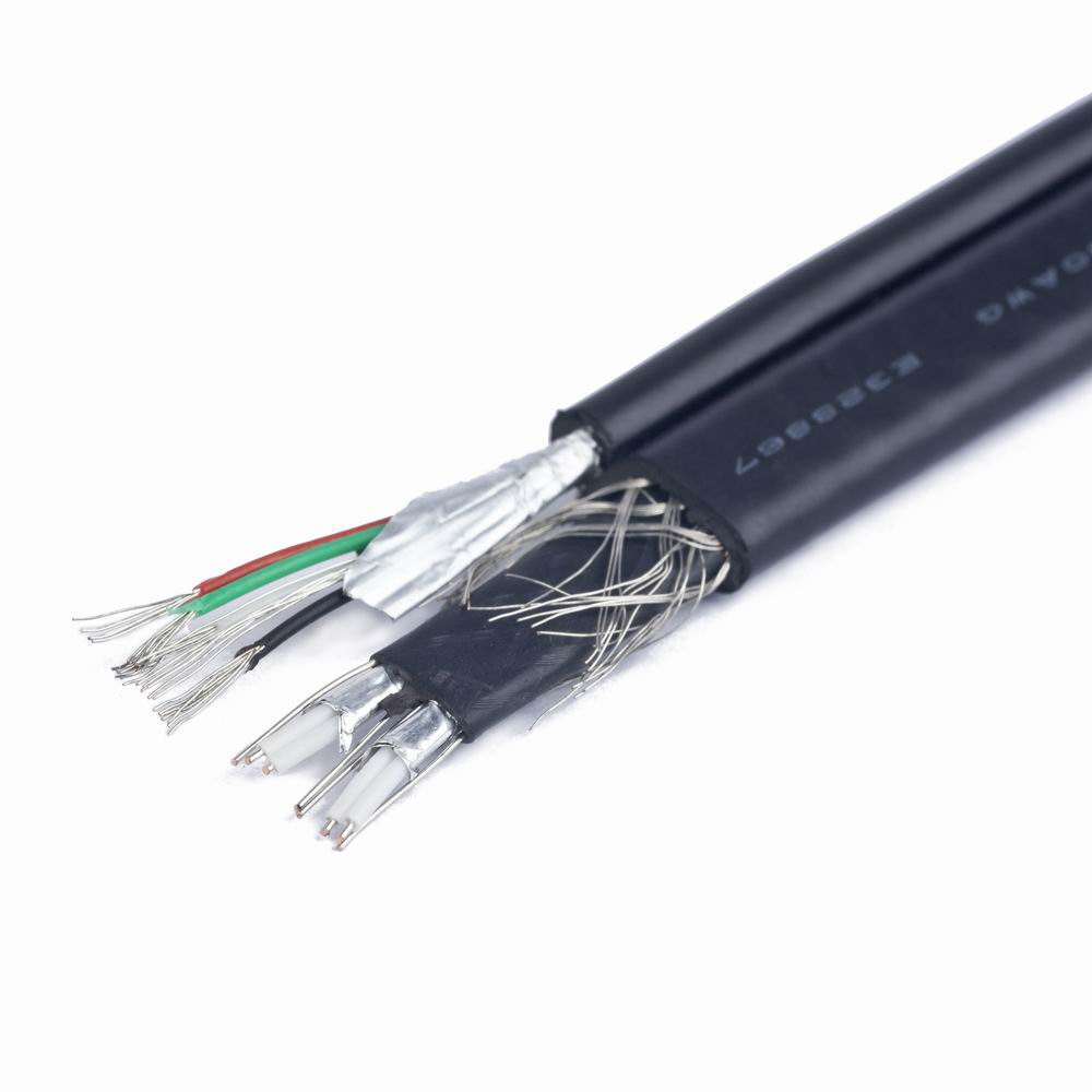 Cut black cable showing internal wires: red, green, black, and silver shielding, white background.