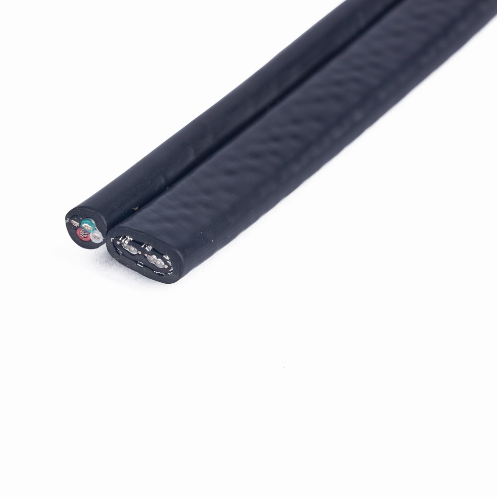 Two black cables, side by side, with cut ends revealing internal wires, against a white background.