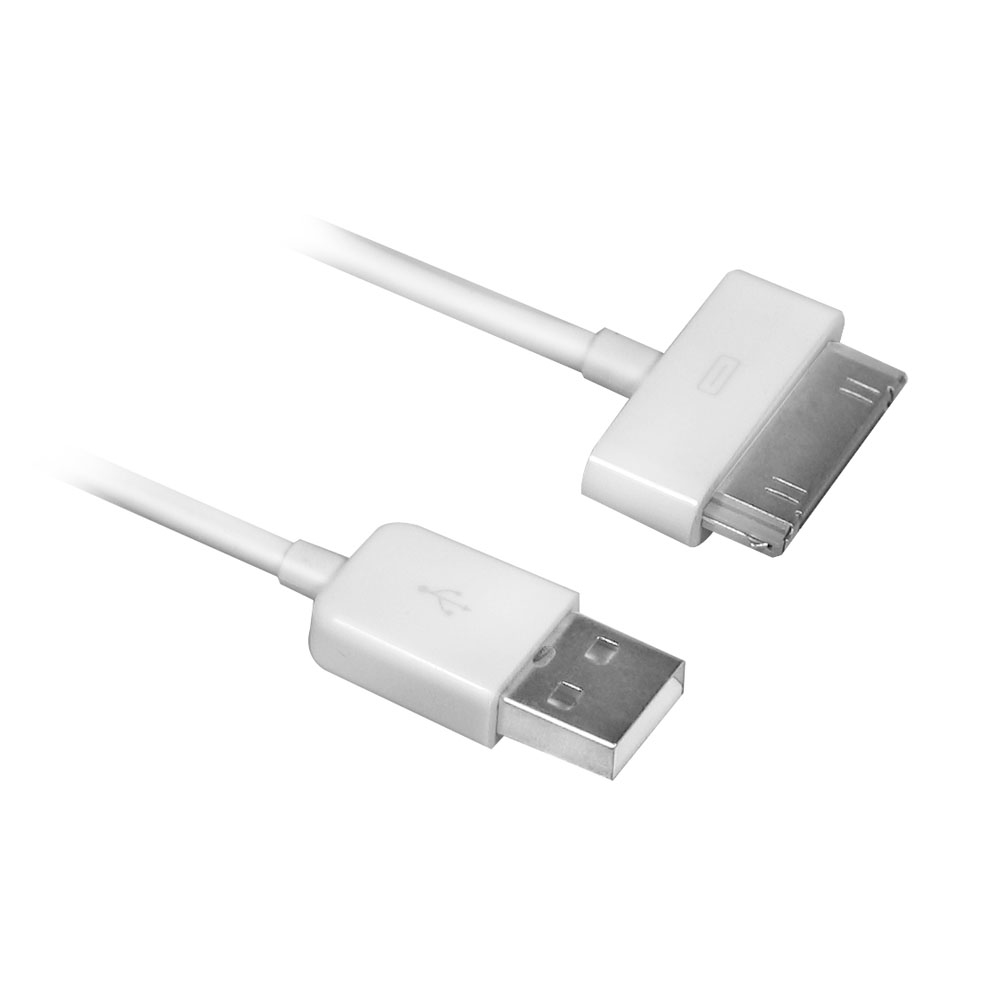 Cavo bianco da USB a connettore Apple a 30 pin su sfondo bianco.