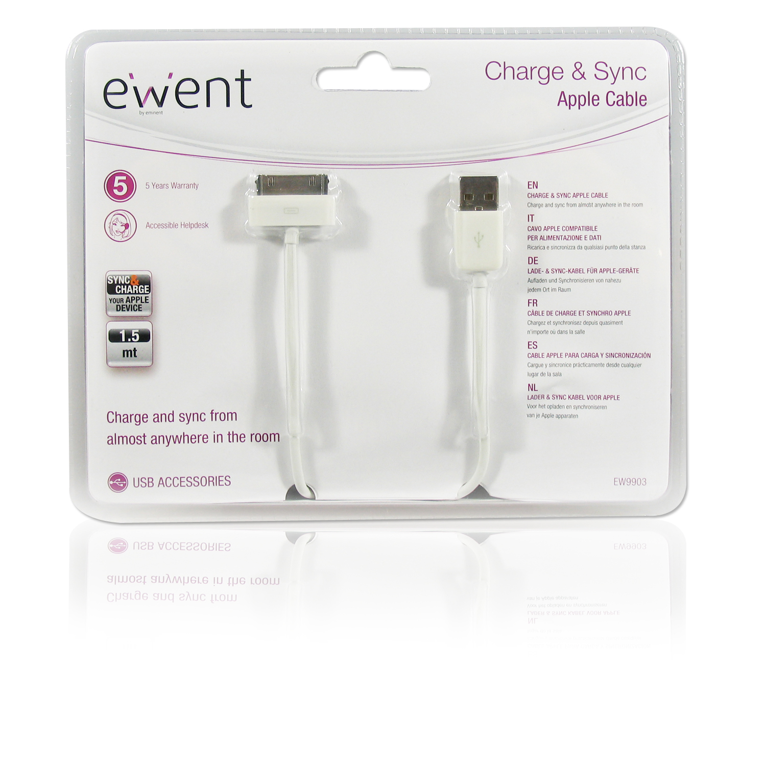 Confezione cavo Apple per ricarica e sincronizzazione con testo e immagini sul davanti.