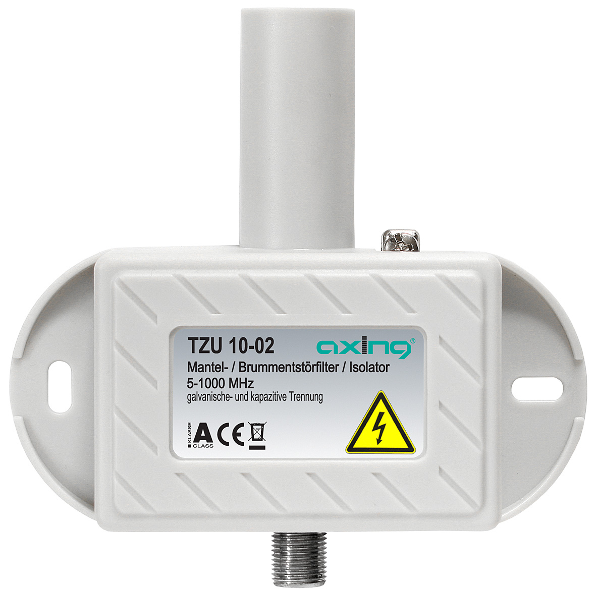 Componente elettrico bianco con etichetta e segnale di avvertimento.