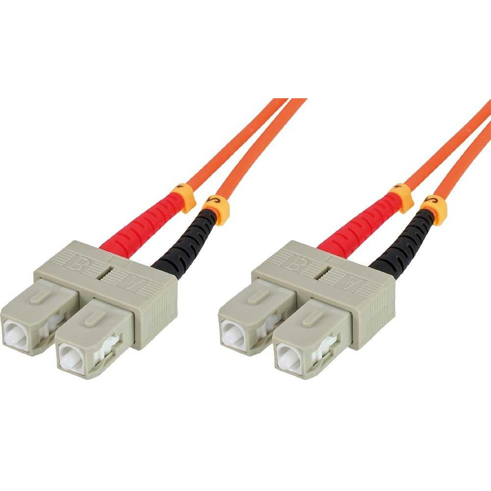 Due paia di cavi in fibra ottica. Cavi arancioni con connettori grigi ed estremità nere/rosse.