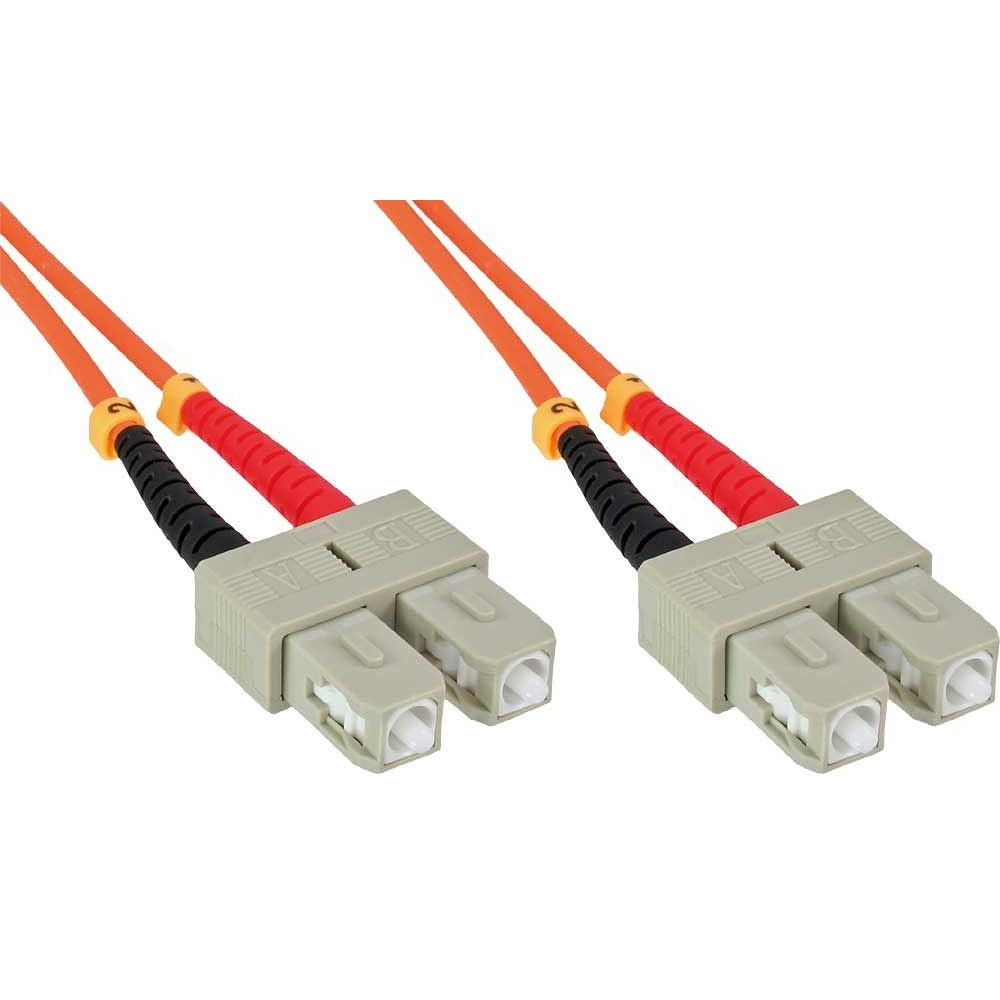 Due paia di cavi in fibra ottica. Cavi arancioni con connettori grigi ed estremità nere/rosse.