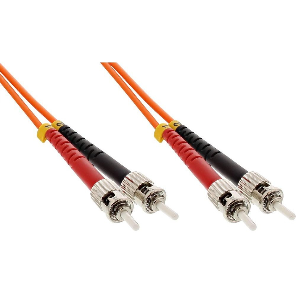 Due set di cavi in fibra ottica arancioni con connettori rossi e neri.