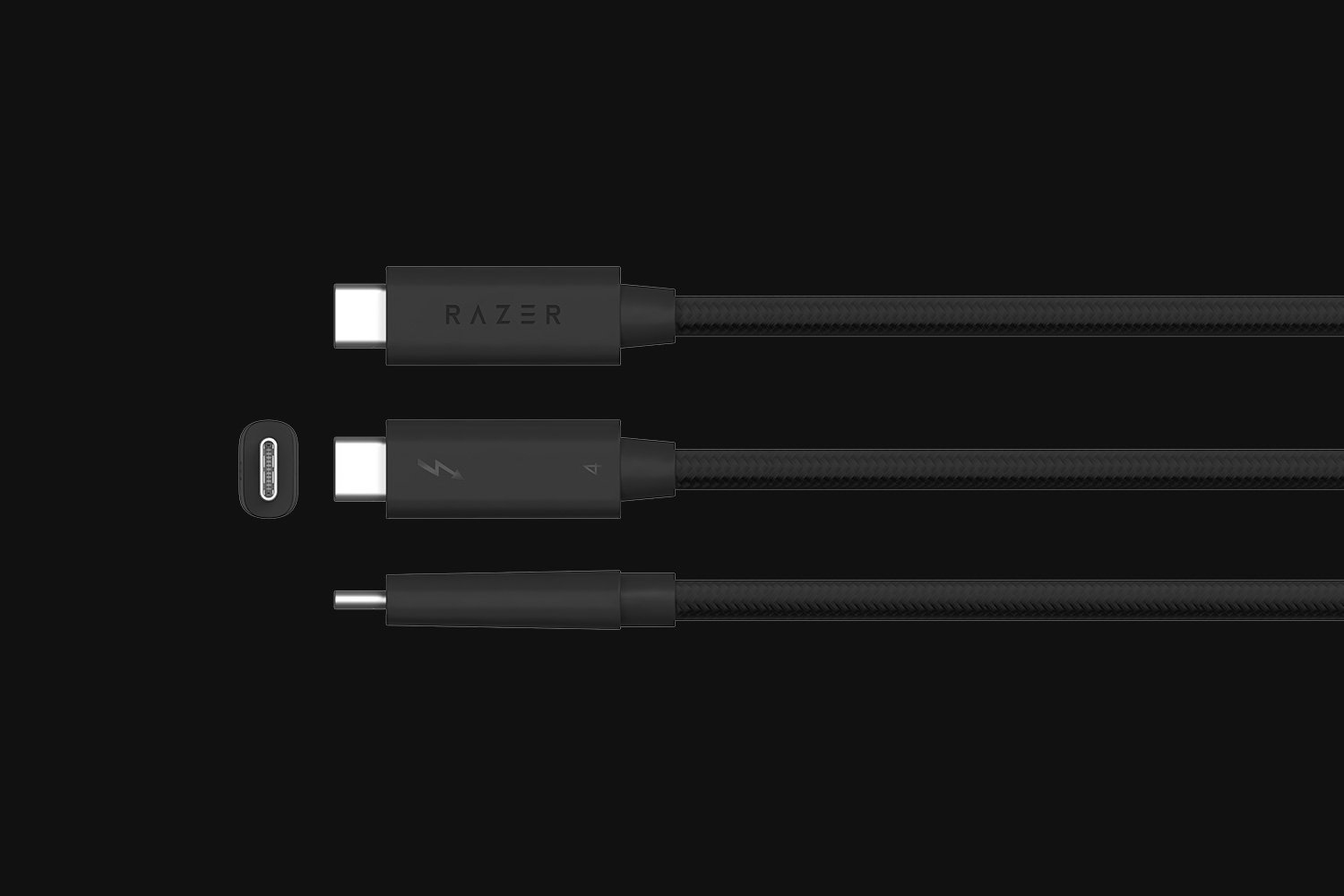 Cavi Razer USB-C neri con simbolo thunderbolt su sfondo nero.