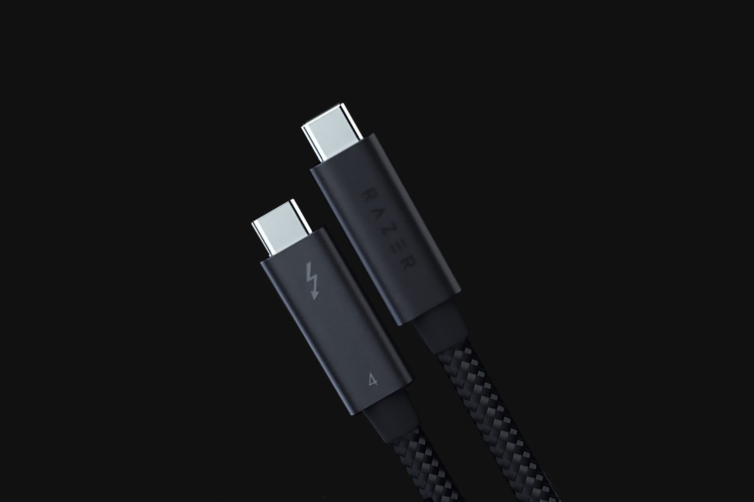 Due cavi USB-C Razer neri con logo Razer e simbolo thunderbolt, sfondo nero.