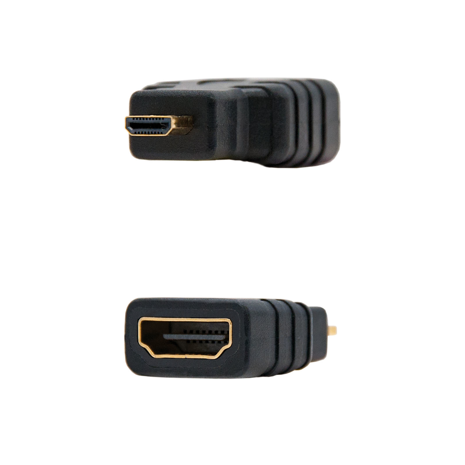 Adattatore HDMI nero con connettori dorati. Due viste.