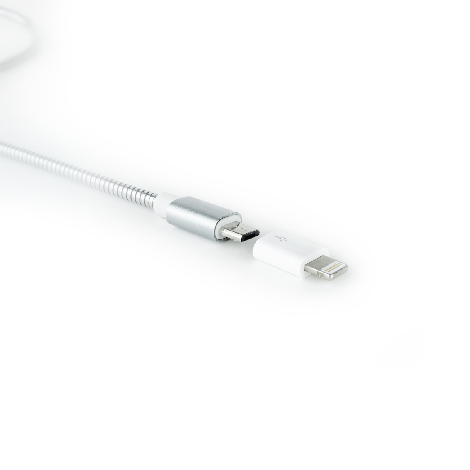 Cavo bianco con punte argentate e nere. Un'estremità è USB-C, l'altra è un connettore Lightning.