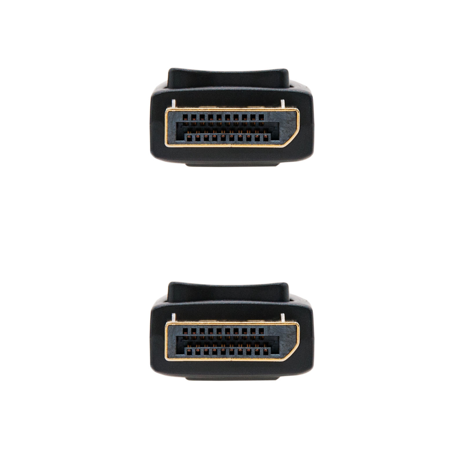 Twee zwarte DisplayPort-connectoren, bovenaanzicht en onderaanzicht, tegen witte achtergrond.