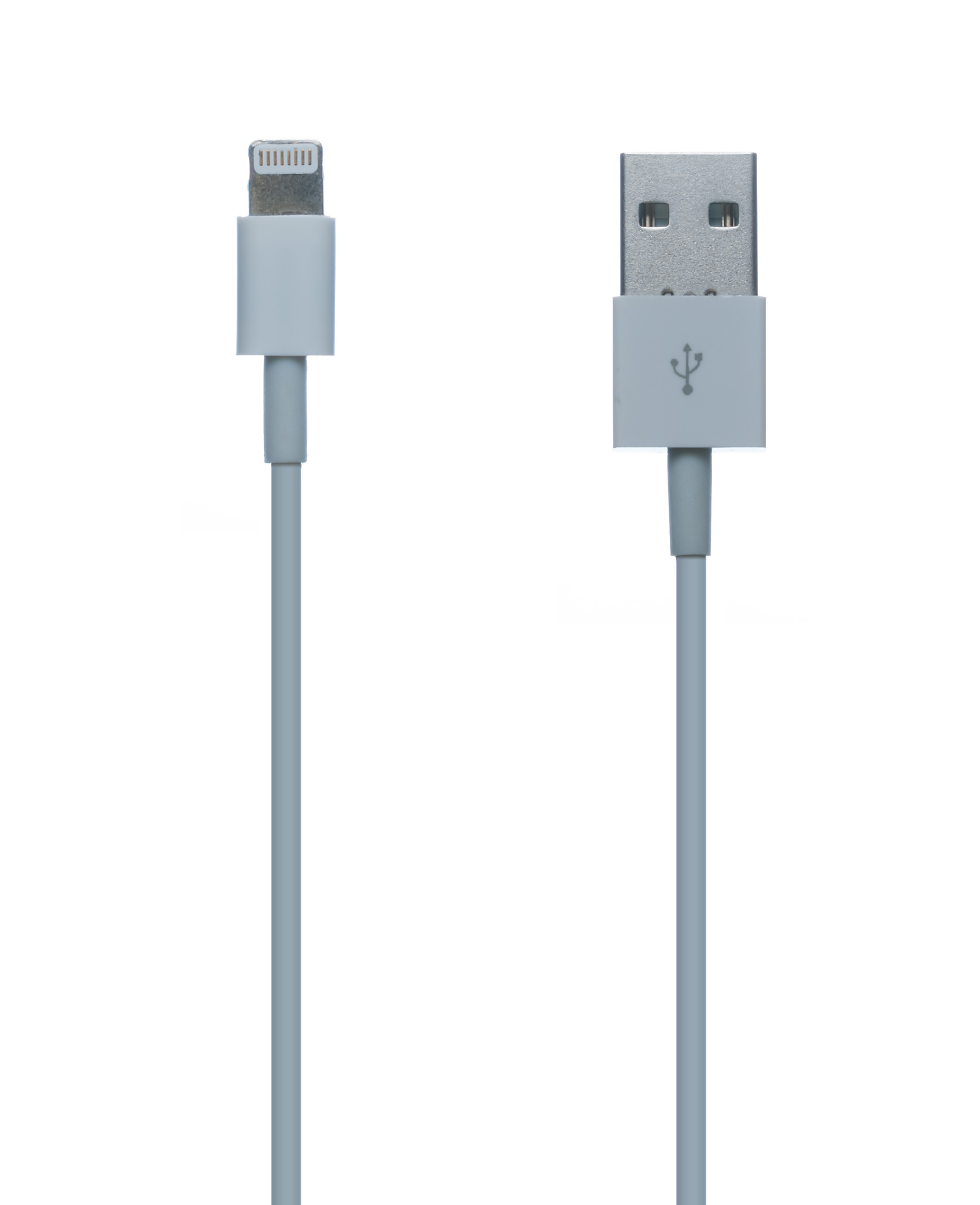 Cavo grigio chiaro con connettore Lightning e connettore USB, su bianco.