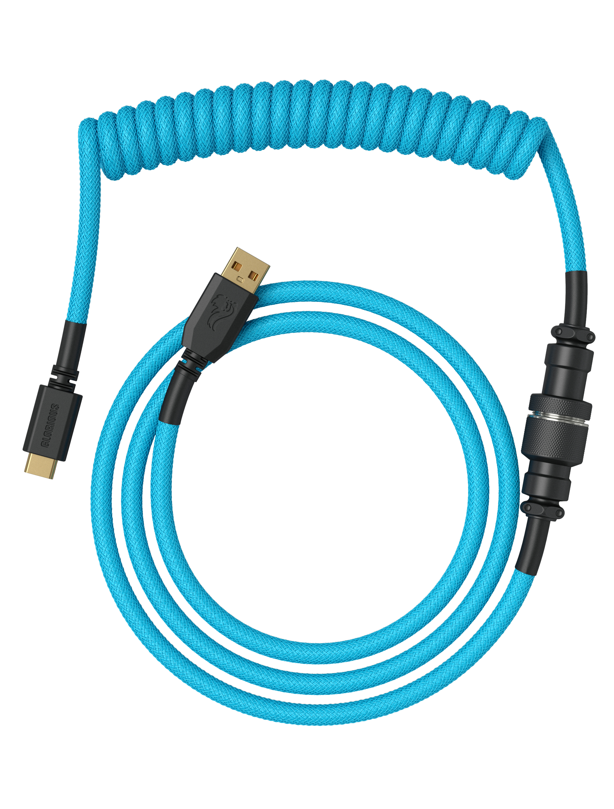 Cavo USB blu a spirale con connettori neri su sfondo bianco.