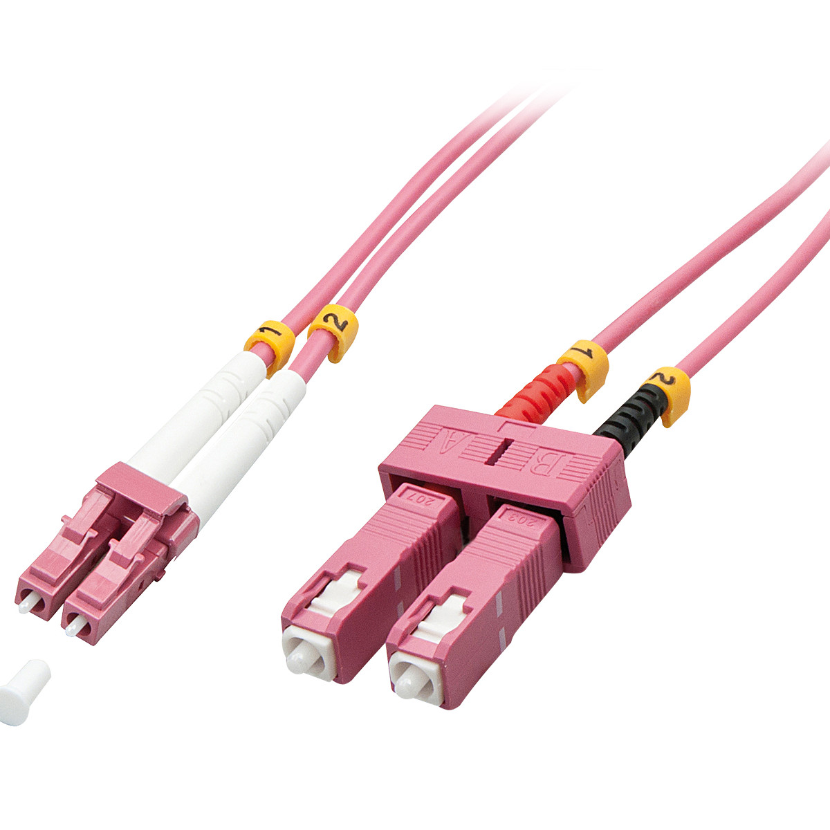 Cavi in fibra ottica rosa con connettori, numerati 1 e 2, su sfondo bianco.